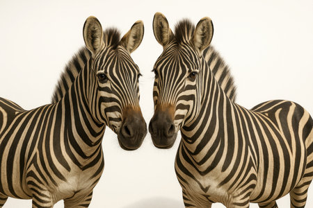 Two zebras with intertwined necks forming an elegant curve while both gaze to camera clean studio wildlife on whiteの素材