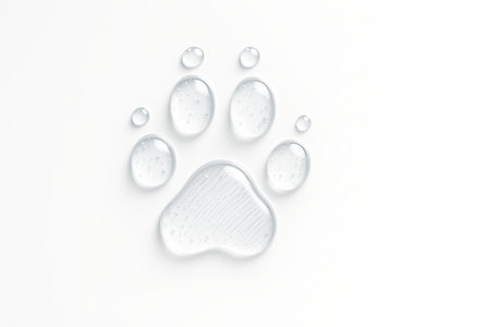 Animal paw print made with clear water droplets on pure white acrylic top down macro with meniscus rings and tiny bubblesの素材