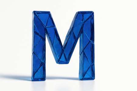 Blue glass letter m on pure white assembled from fractured glass segments with fine chips and seams visible front view with subtle depthの素材
