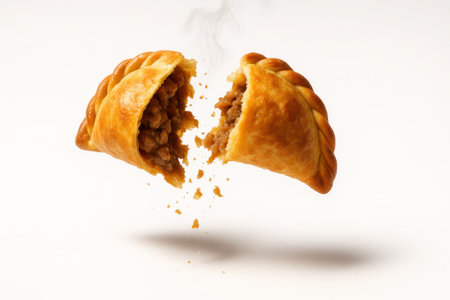 Argentinian empanada breaking mid air on white high speed capture with fine crumbs suspended and visible steamの素材