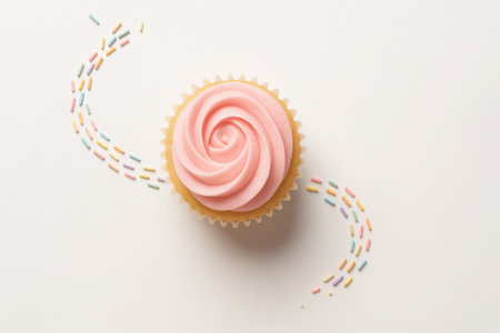Cupcake with pink icing top down flat lay centered with a curved trail of pastel sugar sprinkles sweeping across whiteの素材