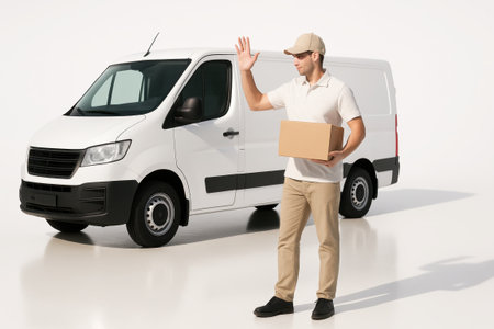 Delivery man with plain white van front three quarter hero angle holding a cardboard box with blank panel surfacesの素材