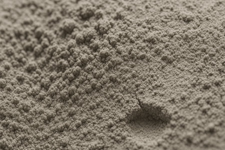 Dry cement mortar powder extreme macro diagonal framing focused on the pile surface showing fine micro clumps on whiteの素材