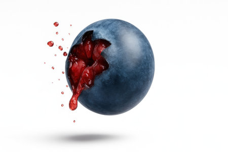 Flying blueberry mid air burst with skin splitting to reveal juicy interior and tiny droplets on whiteの素材