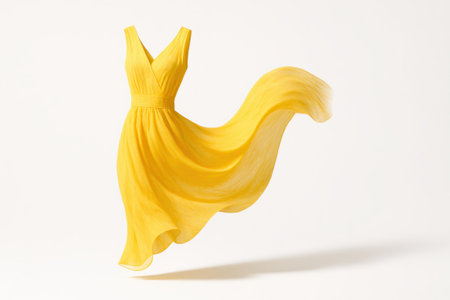Flying yellow dress side profile mid flip with trailing hem motion blur while neckline and waist remain sharpの素材