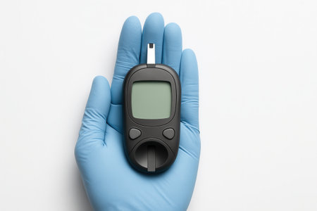 Gloved human hand holding a generic glucometer top down with the device centered in the palm strip port facing upward on whiteの素材