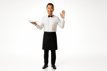 Happy Asian man waiter showing an empty white plate full length standing pose with a small wave on whiteの素材