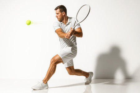 Professional tennis player backhand follow through mid swing with the ball showing a short motion trace on whiteの素材