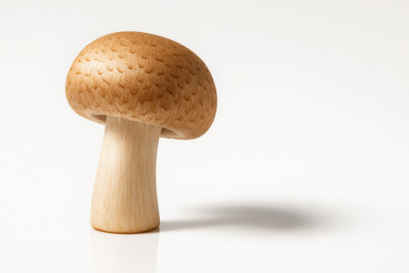 Mushroom upright on glossy white acrylic straight front hero view with faint mirror reflection and crisp cap and stem detailの素材