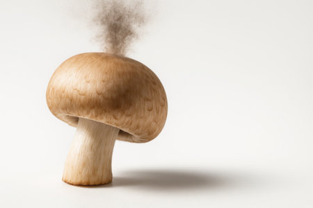 Mushroom releasing a fine spore cloud on pure white low angle with the cap razor sharp and drifting plume detailの素材