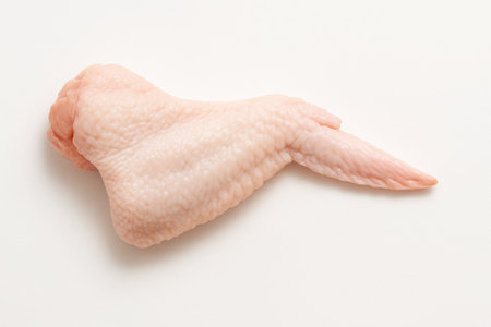 Raw chicken wing top down flat lay with drumette flat and tip aligned on whiteの素材