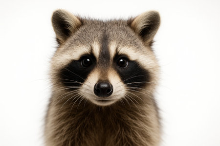 Raccoon extreme close up head and shoulders frontal portrait with whiskers and fur detail on whiteの素材