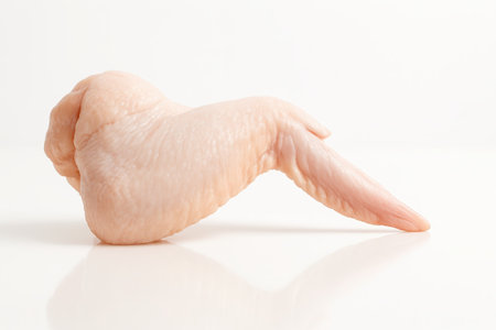 Raw chicken wing front three quarter hero angle with the underside facing the camera on whiteの素材