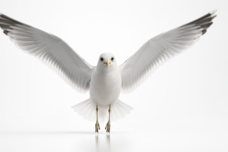 Seagull mid takeoff body razor sharp with graceful motion blur at wing tips low angle to emphasize wingspanの素材