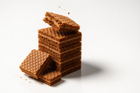 Stack of crispy chocolate wafers front three quarter hero angle top wafer broken to reveal airy layers on whiteの素材