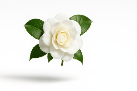 White camellia tsubaki peony form bloom suspended mid air with a gentle clockwise twist on whiteの素材