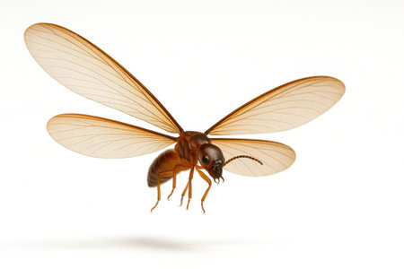 Winged termite alate mid air glide with translucent forewings spread wide and a few dust motes suspended on whiteの素材