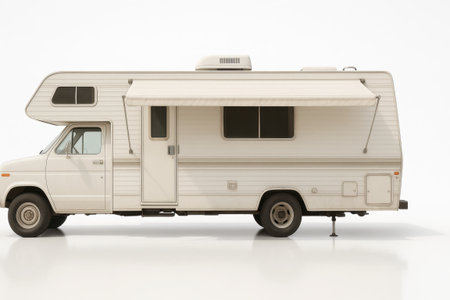Old motorhome perfect side profile with awning partially extended and stabilizer jacks lowered on whiteの素材