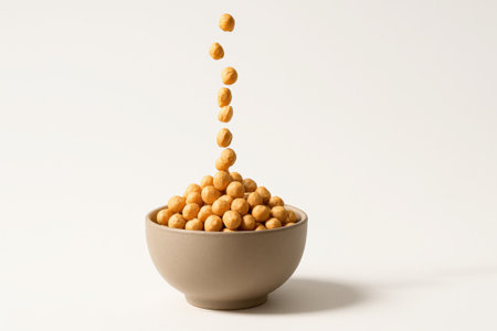 Chickpeas in a matte stoneware bowl dynamic mid air pour with a narrow ribbon of chickpeas falling into the bowl on whiteの素材