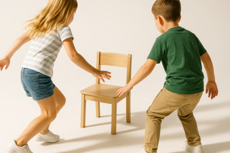 Happy children playing musical chairs at the moment the music stops with two reaching for the same chair on whiteの素材