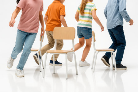 Musical chairs low angle semicircle of chairs with only legs and torsos visible clean framing on whiteの素材