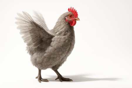 Grey chicken front three quarter angle with wings partially spread high speed freeze on whiteの素材