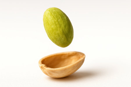 Pistachios falling extreme macro of a single green kernel captured mid drop toward an open cracked shell on whiteの素材