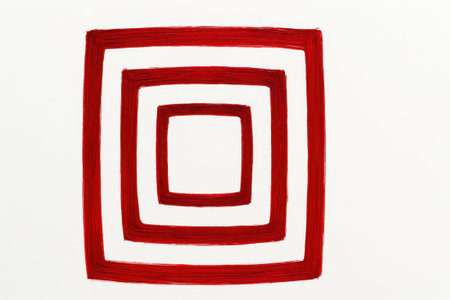 Red hand painted concentric square trio top down flat lay with uneven brush texture and visible bristle detail on whiteの素材