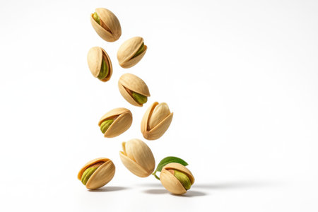 Pistachios in shell tumbling in a gentle spiral from upper left to lower right with a few ahead to create depth on whiteの素材