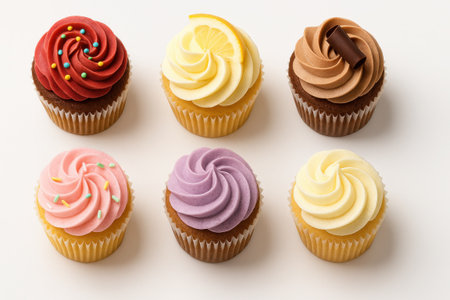 Various cupcakes top down flat lay in a three by two grid with equal spacing on whiteの素材