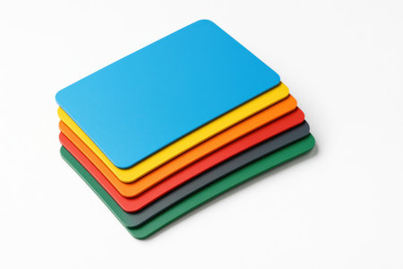 Multicolored credit cards top down flat lay offset as a tidy staircase with rounded corners on whiteの素材