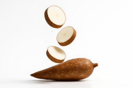 Whole cassava with three slices mid air capture with the slices suspended around the tuber on whiteの素材
