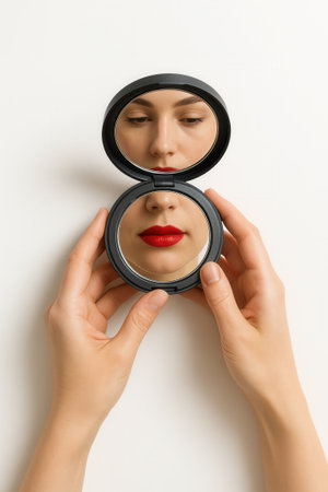 Beautiful woman with red lips holding compact powder mirror on white background top down minimal composition with hands for beauty and makeup themesの素材