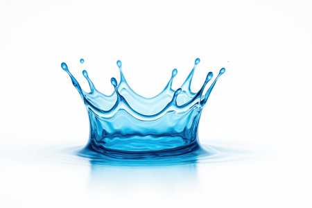 Blue water crown splash on pure white background three quarter front view high speed frozen motion for drink freshness purity and creative design themesの素材