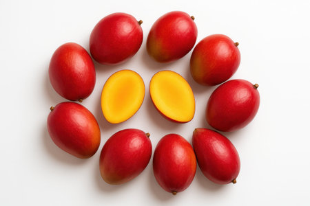 Red mangoes on pure white background top down centered ring of whole fruit with two neat halves facing up for tropical food recipe and packaging layoutの素材