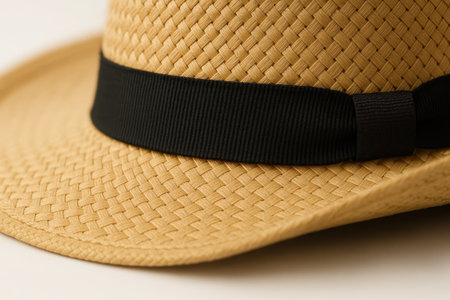 Macro close crop of cowboy straw hat brim edge and ribbon bow on white background focus stacked texture detail for fashion and western themesの素材