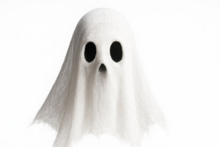Floating scary white fabric ghost close up head and shoulders on pure white background deep eye hollows layered gauze for halloween horror and spooky themesの素材