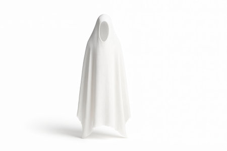 Tall hooded fabric ghost silhouette on pure white background tapered hem lifting off surface for halloween horror fantasy and spooky spirit themesの素材