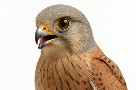 Kestrel falcon closeup head and chest portrait on white background beak slightly open and sharp eye catchlight for raptor wildlife themesの素材