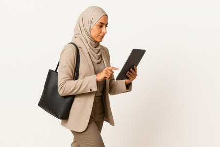 Middle Eastern freelance businesswoman using tablet pc on pure white background dynamic walking pose for corporate startup and remote work themesの素材