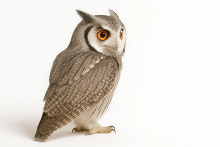 Northern white faced owl rear three quarter view on white background head turned back toward camera showing mantle pattern for raptor and wildlife themesの素材