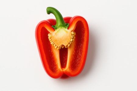 Red sweet bell pepper cut lengthwise on white background seeds and pith visible top down offset composition for vegetable food and cooking themesの素材