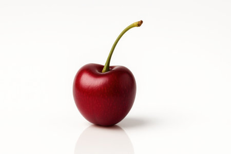 Single cherry on white reflective surface side view with faint mirror image for fruit dessert cocktail and minimal food themesの素材