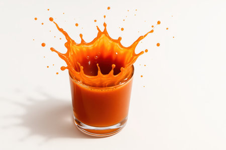 Thai tea splash crown bursting above clear tumbler on white background top down offset composition for drink cafe bar and beverage advertising themesの素材