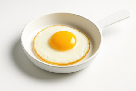 Sunny side up egg in small white skillet on white background three quarter high angle for breakfast brunch cooking and food styling themesの素材