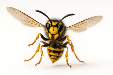 Wasp or hornet mid air landing pose on white background forelegs extended toward invisible surface for insect motion danger and pest control themesの素材