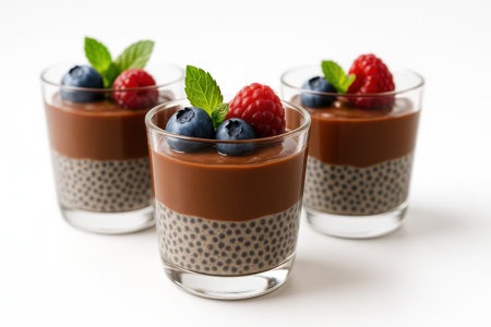 Chocolate chia pudding with mint and berries in three small glasses diagonal lineup on white background for dessert catering and cafe themesの素材