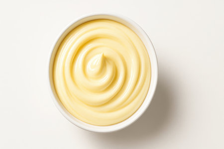 Homemade mayonnaise in white bowl top down centered spiral swirl with soft peaks on white background for sauce salad and food styling themesの素材