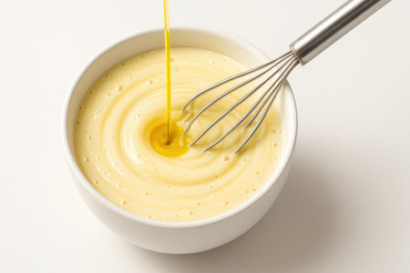 Homemade mayonnaise in white bowl thin stream of oil pouring with whisk on white background for salad dressing recipe and cooking themesの素材