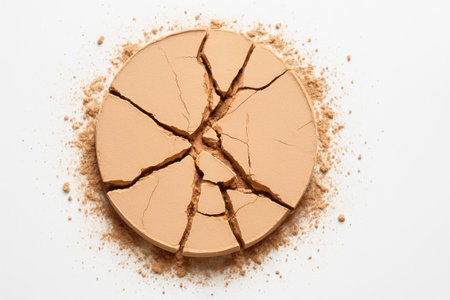 Pressed makeup powder pan shattered into shards and dust top down on white background for cosmetic breakage texture and beauty product themesの素材